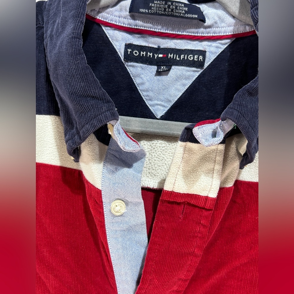 Vintage Tommy Hilfiger Corduroy Shirt Men’s Long Sleeve Y2K Red White Blue XL - Picture 7 of 13